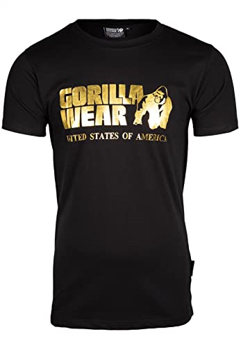 Gorilla Wear Classic T-Shirt - schwarz/Gold - klassisches Oberteil mit Logo zum Sport Alltag Training Workout Laufen Joggen bequem normale Passform leicht aus Baumwolle bewegungsfreiheit groß, 4XL von Gorilla Wear