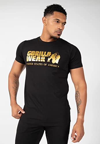 Gorilla Wear Classic T-Shirt - schwarz/Gold - klassisches Oberteil mit Logo zum Sport Alltag Training Workout Laufen Joggen bequem Normale Passform leicht aus Baumwolle bewegungsfreiheit groß, M von Gorilla Wear