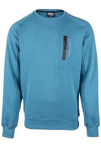 Gorilla Wear Newark Sweater - Blau Bodybuildung Fitness Sport Alltag Langarm Lange Ärmel Bequem Reissverschluss mit Tasche Enge Passform Baumwolle Polyester Pullover praktisch, L von Gorilla Wear