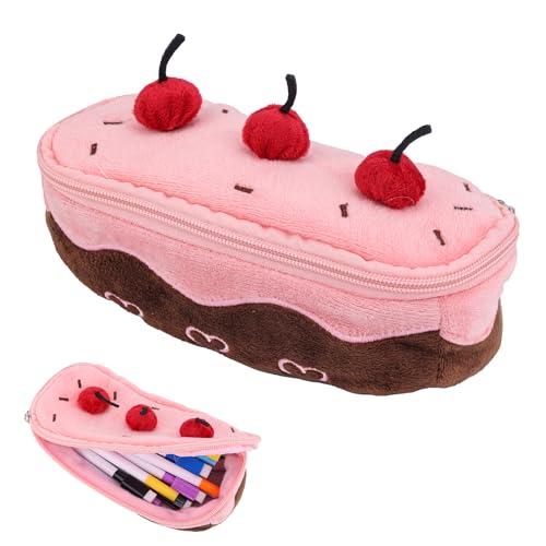 Süßes Rosa Federmäppchen mit Kirschkuchen, 21,7 x 11,6 cm Federmäppchen-Box Großes Fassungsvermögen Plüsch-Federmäppchen Ästhetisch Stifte-Organizer-Tasche für Mädchen Frauen Geschenk von Gosknor