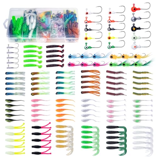 Goture Angelköder mit Jigkopf, 120-teiliges Crappie-Köder-Set mit Röhrenköderhaken, Crappie-Jigs zum Forellen-, Barsch- und Süßwasser-/Salzwasserangeln Goture Angelköder mit Jigkopf, 120-teiliges Crappie-Köder-Set mit Röhrenköderhaken, Crappie-Jigs zum Forellen-, Barsch- und Süßwasser-/Salzwasserangeln von Goture