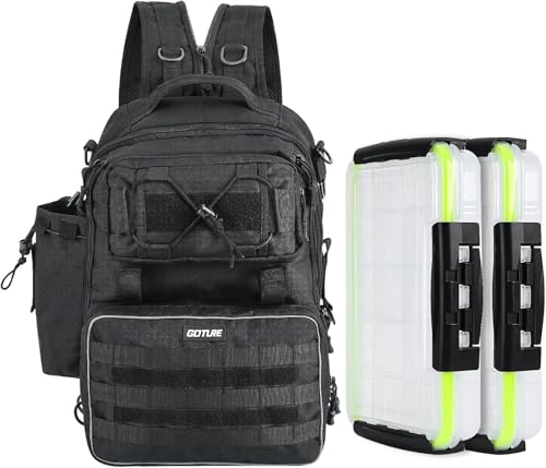 Goture Angelrucksack, Angelzubehör-Rucksack mit Rutenhalter 2 Angelboxen, Tasche für Salzwasser-Angelausrüstung Goture Angelrucksack, Angelzubehör-Rucksack mit Rutenhalter 2 Angelboxen, Tasche für Salzwasser-Angelausrüstung von Goture