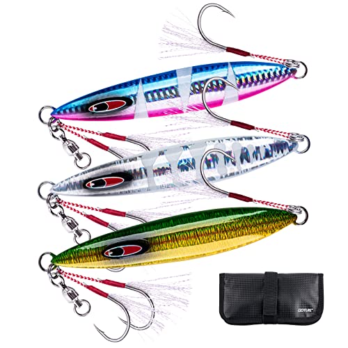 Goture Glow Slow Pitch Jigs mit tragbarer Jig-Tasche, Doppelhilfe-Haken, Angelblei, Salzwasser-Jigging-Köder für Thunfisch, Hundezahn, Bluefin, 3 Gewichte (100 g/150 g/250 g) und 250 g) und 3 g) von Goture