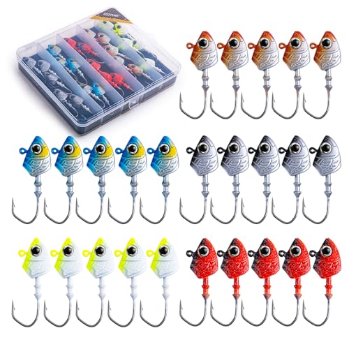 Goture Jigköpfe, farbige Angeln Jig Kopf Haken für Süßwasser-Salzwasser Angeln, bemalte Angel Jighaken mit Tackle Box für Forellenbarsch Zander, Crappie Pro-Jig-Köpfe 25 Stück/Set 28g von Goture