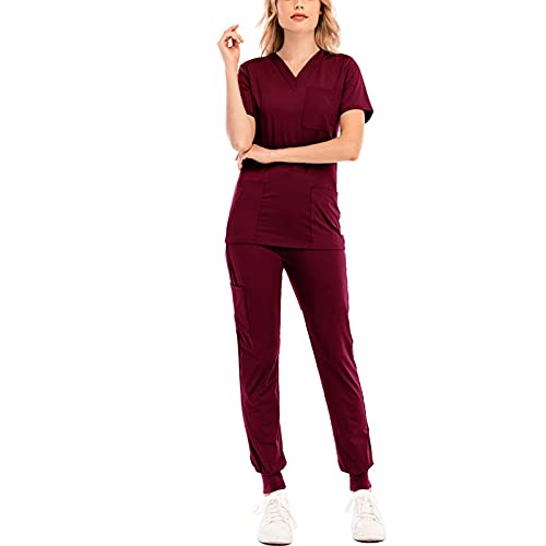 Damen 2-Teiliges Kasacks Set Medizinische Uniform Outfits mit Kasack und Hose Pflege Berufsbekleidung V-Ausschnitt Schlupfkasack+Schlupfhose Pflegeuniform Set Laborkittel Einfarbig Arbeitsuniform von Graceyo