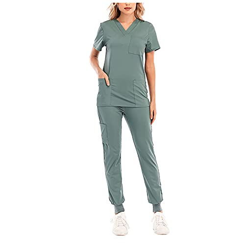 Damen 2-Teiliges Kasacks Set Medizinische Uniform Outfits mit Kasack und Hose Pflege Berufsbekleidung V-Ausschnitt Schlupfkasack+Schlupfhose Pflegeuniform Set Laborkittel Einfarbig Arbeitsuniform von Graceyo