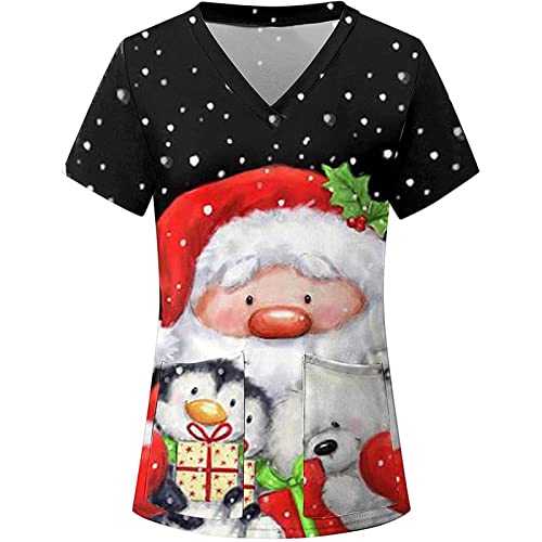 Damen Weihnachten Motiv Bunt Pflege Kasack Kurzarm V-Neck Krankenhaus Schlupfhemd Berufsbekleidung Atmungsaktiv Krankenpfleger Kasack Pflege Bluse Arzt Uniform Krankenschwester Kleidung Mit Taschen von Graceyo