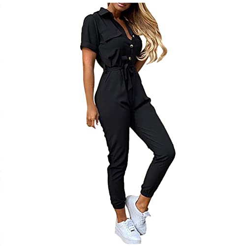 Graceyo Cargo Jumpsuit Damen mit Gürtel Lang Sommer Elegant Jumpsuits Frauen Onesie Overall Bodycon Romper mit Kragen Kuschelig Dünn Casual Playsuit Kurzarm Einfarbig Hosenanzug von Graceyo