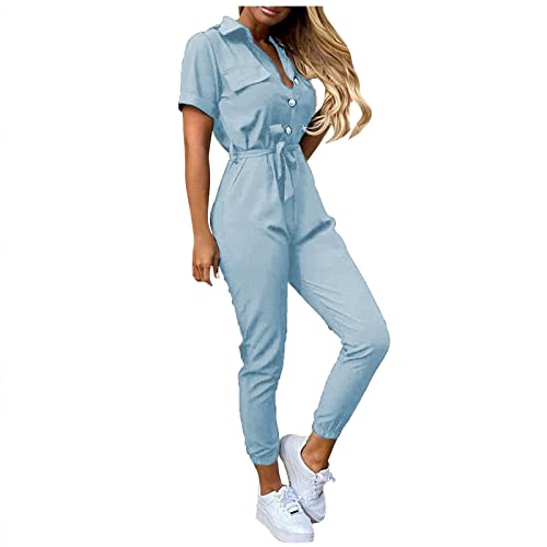 Graceyo Cargo Jumpsuit Damen mit Gürtel Lang Sommer Elegant Jumpsuits Frauen Onesie Overall Bodycon Romper mit Kragen Kuschelig Dünn Casual Playsuit Kurzarm Einfarbig Hosenanzug von Graceyo