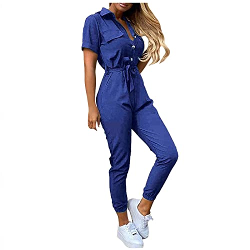 Graceyo Cargo Jumpsuit Damen mit Gürtel Lang Sommer Elegant Jumpsuits Frauen Onesie Overall Bodycon Romper mit Kragen Kuschelig Dünn Casual Playsuit Kurzarm Einfarbig Hosenanzug von Graceyo