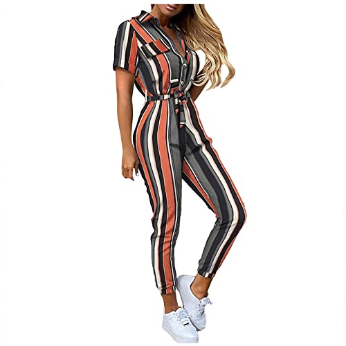 Graceyo Cargo Jumpsuit Damen mit Gürtel Lang Sommer Elegant Jumpsuits Frauen Onesie Overall Bodycon Romper mit Kragen Kuschelig Dünn Casual Playsuit Kurzarm Einfarbig Hosenanzug von Graceyo