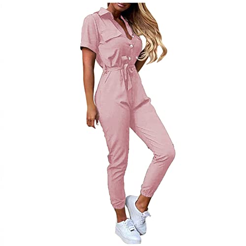 Graceyo Cargo Jumpsuit Damen mit Gürtel Lang Sommer Elegant Jumpsuits Frauen Onesie Overall Bodycon Romper mit Kragen Kuschelig Dünn Casual Playsuit Kurzarm Einfarbig Hosenanzug von Graceyo