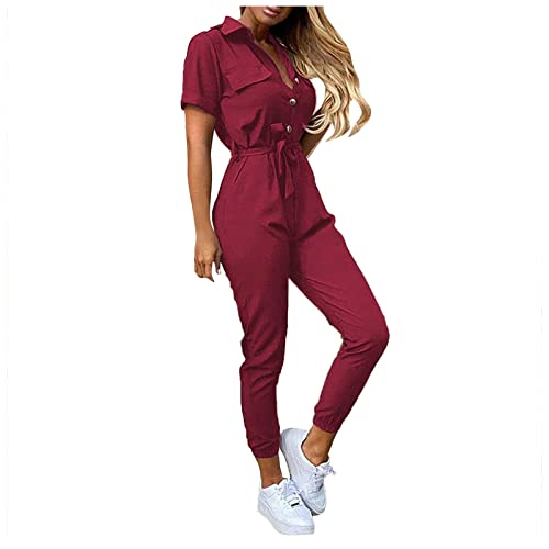 Graceyo Cargo Jumpsuit Damen mit Gürtel Lang Sommer Elegant Jumpsuits Frauen Onesie Overall Bodycon Romper mit Kragen Kuschelig Dünn Casual Playsuit Kurzarm Einfarbig Hosenanzug von Graceyo