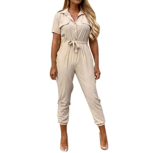 Graceyo Cargo Jumpsuit Damen mit Gürtel Lang Sommer Elegant Jumpsuits Frauen Onesie Overall Bodycon Romper mit Kragen Kuschelig Dünn Casual Playsuit Kurzarm Einfarbig Hosenanzug von Graceyo