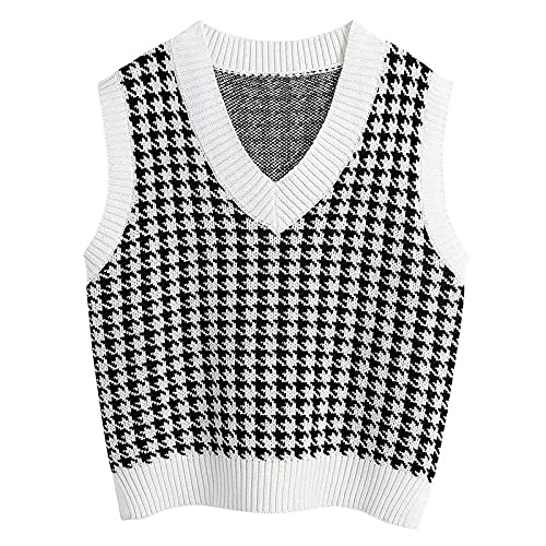 Graceyo Damen Casual Hahnentritt Karierte Sweater Weste Pullover Ärmellos V-Ausschnitt Mode Strick Pullunder Strickweste Herbst Winter Sweatshirts Strickpullover Tank Tops Vest, XL, Weiß von Graceyo