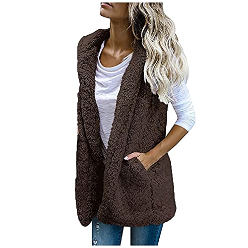 Graceyo Damen Fleeceweste Plüschweste Kunstfell Teddy Fleece Weste Outwear Herbst Winter Warm Daunenweste Steppweste Ärmellos Cardigan Jacke Longweste Westen Tank Tops, Kaffee, L von Graceyo