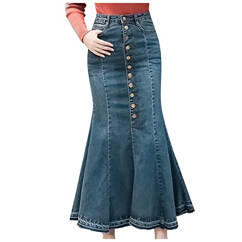 Graceyo Damen Jeans Rock, Stretch Denim Maxi Jeansrock Mit Weit Ausgestelltem Saum, Slimfit Midi Röcke Freizeitrock Partyrock, A Linie Rock, Figurbetontes Damenrock Hohe Taille, Blau, M von Graceyo