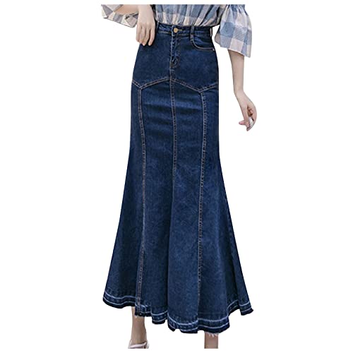 Graceyo Damen Jeansrock Sexy Großer Swing Rock High Waist Maxirock mit Knöpfen Langer A-Linie Rock Einfarbig Ausgestelltes A-Linie Vielseitige Rock Vintage Denimrock von Graceyo