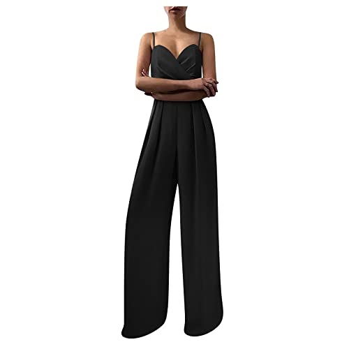 Graceyo Damen Jumpsuit Hohe Taille Elegant Breites Bein Hosenanzug Hochzeit Cocktail Party Overalls Hose Playsuit Lang Romper Straight Einteiler Weite Bein Hosen Spielanzug von Graceyo