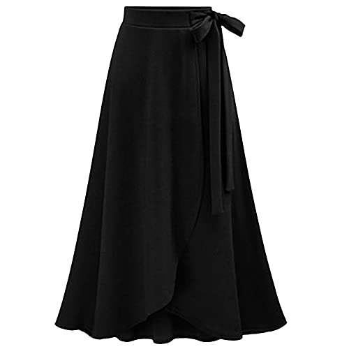 Graceyo Damen Lange Rock A Linie Röcke mit Bandagen Elegante Hochzeit Maxiröcke Freizeitrock Elastische Hohe Taille Faltenrock Midi Röcke Chiffonrock Damenrock, Schwarz, 3XL von Graceyo