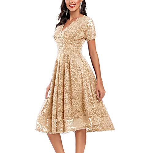 Graceyo Damen Spitzenkleid Abendkleid Hohe Taille Kurzarm V-Ausschnitt Cocktailkleid Vintage Retro A-Linie Festliche Party Ball Kleider Elegant Lässig Spitze Kleid Rockabilly Knielang von Graceyo