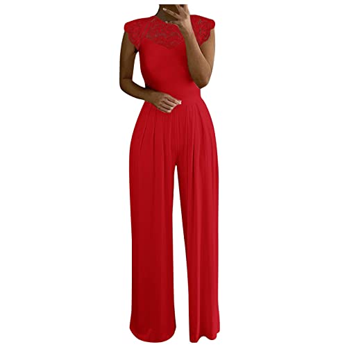 Graceyo Jumpsuit Damen, Spitze Spleißen Hochzeit Lang Weites Bein Hosen Hohe Taillen Einteiler Overall Frauen Blumenspitze Business Party Breites Hosenanzug, rot, M von Graceyo