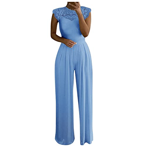 Graceyo Jumpsuit Damen, Spitze Spleißen Hochzeit Lang Weites Bein Hosen Hohe Taillen Einteiler Overall Frauen Blumenspitze Business Party Breites Hosenanzug, Blau, XXL von Graceyo