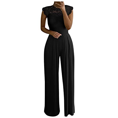 Graceyo Jumpsuit Damen Elegante, Spitze Spleißen Festlich Hochzeit Lang Weites Bein Hosen Hohe Taillen Elegant Einteiler Overall Frauen Blumenspitze Business Party Breites Hosenanzug, Schwarz, L von Graceyo