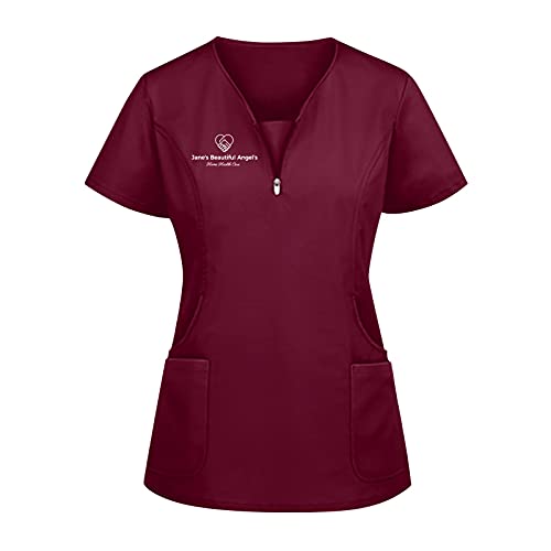 Graceyo Krankenpfleger Kasack Damen Atmungsaktiv Pflege Krankenpfleger Uniformen Nurse Kasacks Kurzarm V-Ausschnitt Einfarbig Schlupfhemd Schlupfkasack T-Shirt mit Taschen und Zipper, rot, M von Graceyo