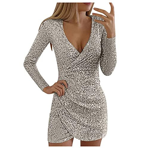 Graceyo Pailletten Kleider Knielang, Damen Kurz Glitzerkleid Langarm V-Ausschnitt Glänzende Kleider Sexy Partykleid Cocktailkleid Bodycon Enges Party Minikleid Wickelkleid Festkleid, Silber, XL von Graceyo