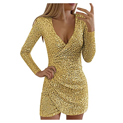 Graceyo Pailletten Kleider Knielang, Damen Kurz Glitzerkleid Langarm V-Ausschnitt Glänzende Kleider Sexy Partykleid Cocktailkleid Bodycon Enges Party Minikleid Wickelkleid Festkleid, Gelb, XL von Graceyo