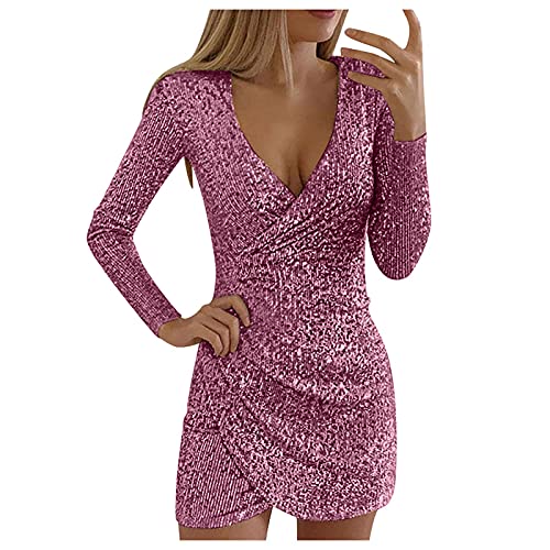 Graceyo Pailletten Kleider Knielang, Damen Kurz Glitzerkleid Langarm V-Ausschnitt Glänzende Kleider Sexy Partykleid Cocktailkleid Bodycon Enges Party Minikleid Wickelkleid Festkleid von Graceyo