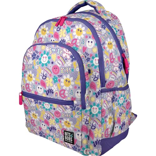 Grafoplás Bits&Bobs Smile Schulrucksack, 33 x 46 x 22,5 cm, gepolsterter Rücken und Griffe, 3 Fächer, Zusatztaschen, gepolsterter Laptopbereich, anpassbar an Trolley, Modell Rubber, violett, von Grafoplás