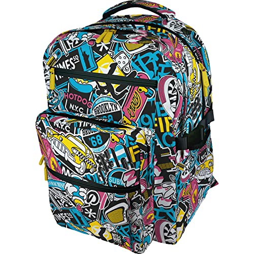 Grafoplás Großer Schulranzen, 32 x 46 x 24 cm, gepolsterter Bereich für Laptop, Modell Bigpack, New York-Design, Bits&Bobs Pop Up Design, Blautöne, XL, schule von Grafoplás