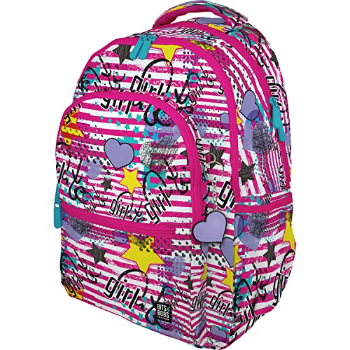 Grafoplás | Schulrucksack mit drei Fächern | 33 x 46 x 22,5 cm | gepolsterter Bereich für Laptop | Modell Roomy | Mädchen Design | Bits & Bobs Pop Up Design, Rosa, 33x46x22,5cm, schule von Grafoplás