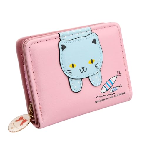 Münzbörse Katze, Mini Süße Geldbörse, PU Leder Klein Geldbeutel, Portemonnaie Damen Kinder Katzenmotiv, Geldbörsen Karikatur Katzen, Geschenke für Frauen Mädchen, Katze Dekoration Brieftasche, Rosa von Granvoo