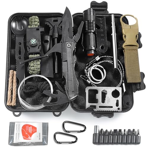 Graxury 14 in 1 Survival Kit Mehrzweck-Survival-Kit, Erste-Hilfe-Set für Outdoor-Sport, Camping, Bergsteigen, Feuerstein/Thermodecke/Pfeife von Graxury