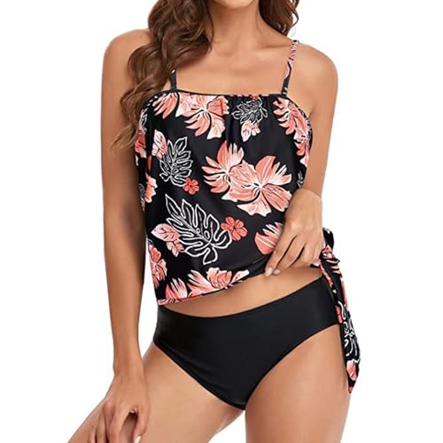 Greabuy Damen Double Up Bademode Zweiteiliger Tankini Badeanzug Bauchkontrolle Badeanzug Für Tropische Ferien Surfen Schwimmen von Greabuy