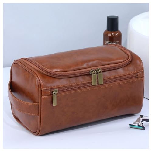 GreatRise Kulturtasche zum Aufhängen Reise Kulturbeutel Waschtasche PU Leder Waschtasche Oxford- Kosmetiktasche mit Tragegriff Make up Organizer Tasche für Herren & Damen PU-Braun von GreatRise