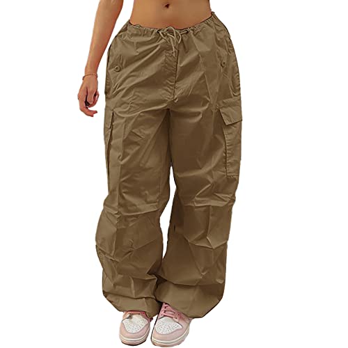 Greensen Damen Lange Hose Breites Bein Freizeithose Damenhose Lose Lässige Jogginghose Niedrige Taille übergroße Cargohose Wanderhose Laufhose mit Kordelzug(m-Khaki) von Greensen