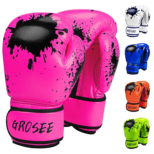 Kinder-Boxhandschuh, 170 g, 227 g, für Jugendliche, Jungen und Mädchen, Sparring-Handschuhe für Boxsack, Kickboxen, Muay Thai, MMA, UFC, Geschenk für Alter 6–15 Jahre (Rosa, 227 g) 7,6 kg )) von Grosee
