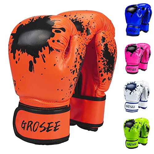 Kinder-Boxhandschuh, 170 g, 227 g, für Jungen und Mädchen, Training, Sparring-Handschuhe für Boxsack, Kickboxen, Muay Thai, MMA, UFC, Geschenk für Alter 6–15 Jahre (Orange, 170 g (20,4–36,3 kg)) von Grosee