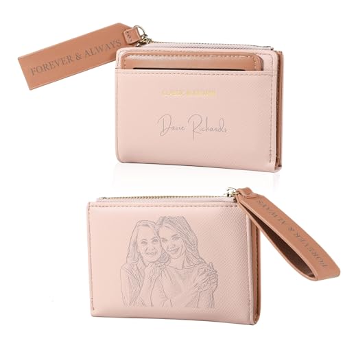 Grovjewfit Damen Geldbörse Klein Personalisierte Mit Name Foto Portemonnaie Kreuz Geldtasche Mini Geldbörsen Mit Münzfach Weihnachten Geburtstag Mutter Ehefrau (B - Rosa) von Grovjewfit