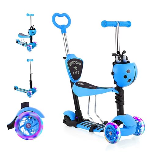 Kinder Roller mit abnehmbarem Sitz, blinkende LED-Räder, höhenverstellbarer 3-Rad-Tretroller mit Schiebegriff für Kleinkinder, Jungen und Mädchen ab 2 Jahren, Blau von Growaystory