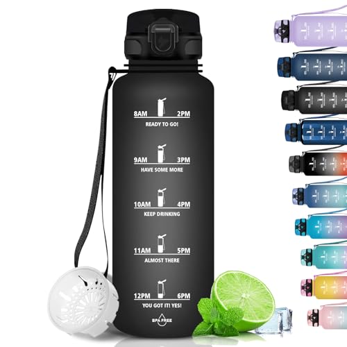 Grsta Trinkflasche 1.5 L - Trinkflasche Sport, BPA Frei, Trinkflasche Kohlensäure Geeignet, Auslaufsicher, Wasserflasche mit Filter und Zeitmarkierung für Gym, Fitness, Camping und Schule von Grsta