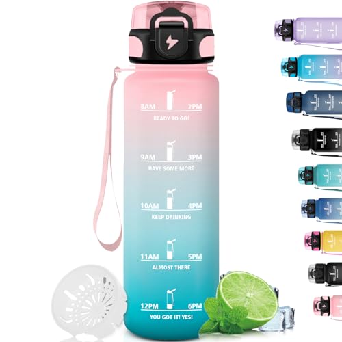Grsta Trinkflasche 1L, Trinkflasche Sport mit Filter, Trinkflasche Auslaufsicher, Leicht zu Reinigen, Wasserflasche mit Zeitmarkierung, Trinkflasche für Fitness, Schule, Camping, Outdoor, Rosa-Cyan Grsta Trinkflasche 1L, Trinkflasche Sport mit Filter, Trinkflasche Auslaufsicher, Leicht zu Reinigen, Wasserflasche mit Zeitmarkierung, Trinkflasche für Fitness, Schule, Camping, Outdoor, Rosa-Cyan von Grsta