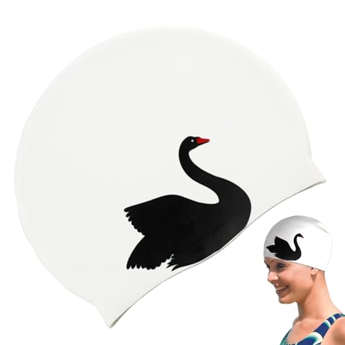 Schwimmhaarhut, Silikon-Schwimmhut,Großer Silikon-Schwimmturban mit Schwan-Cartoon-Muster | Weißer und schwarzer Badehut mit hoher Elastizität, Flexibler Silikon-Badehut für langes und kurzes von Gruwkue