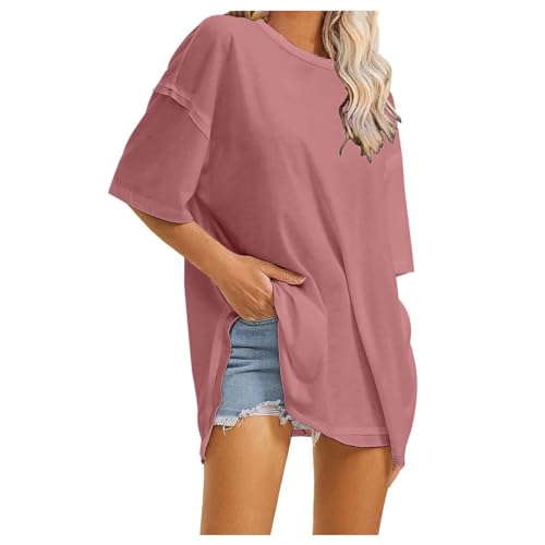 Gsheocm Damen Sommer Bluse Rundhals Ausschnitt Longbluse Bluse Lang Tunika T-Shirt LäSsiges Baumwolle Leinen Langarmshirt Hemd Locker Blusenshirt Casual ÜBergrößE Oberteile von Gsheocm