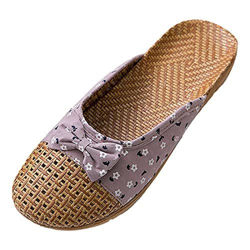 Hausschuhe Sommer Damen Leinen Slippers Flache Hüttenschuhe Rutschfest Badeschuhe Lässige Slipper Innen Außenboden Hausschlappen Duschsandalen Strandschuhe Slip On Leinenpantoffeln Flacheschuhe von Gsheocm