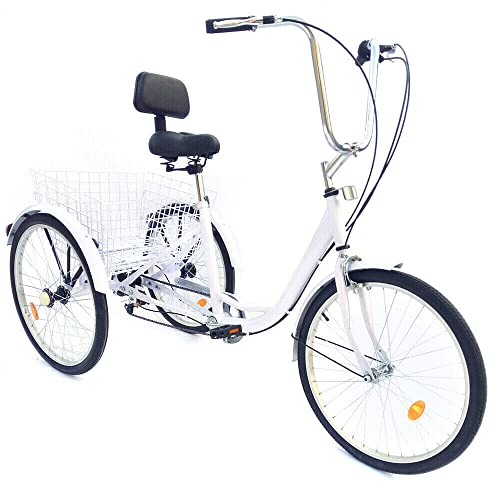 Gudisyoo 24 Zoll 6-Gang Human Dreirad ohne Licht, Dreirad mit Rückenlehne, Reflektor und Korb, geeignet zum Fahren, Einkaufen, unisex (weiß, schwarz, gelb) (Weiß) von Gudisyoo